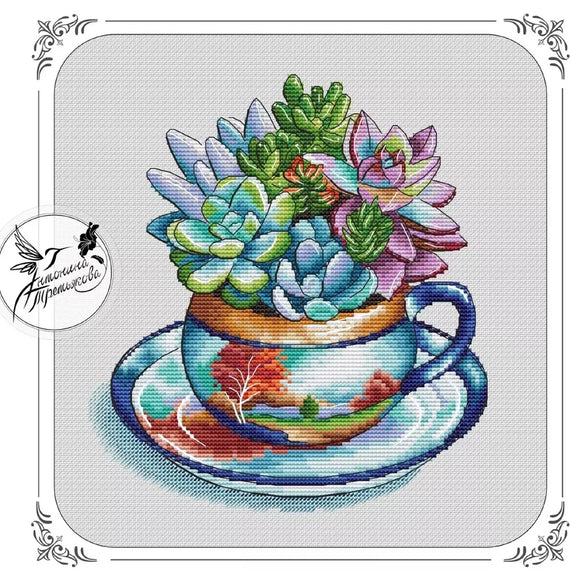 Cross Stitch Kit Succlents in Teacup